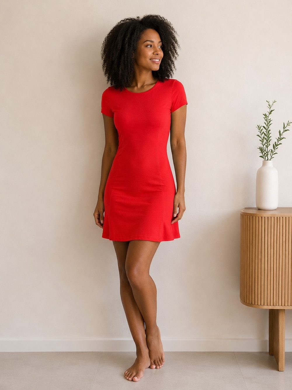 Women's Red Short Sleeve Sheen Dress
